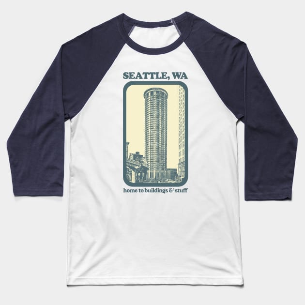 Seattle // Home to buildings & stuff // Humorous Tourism Spoof Design Baseball T-Shirt by DankFutura